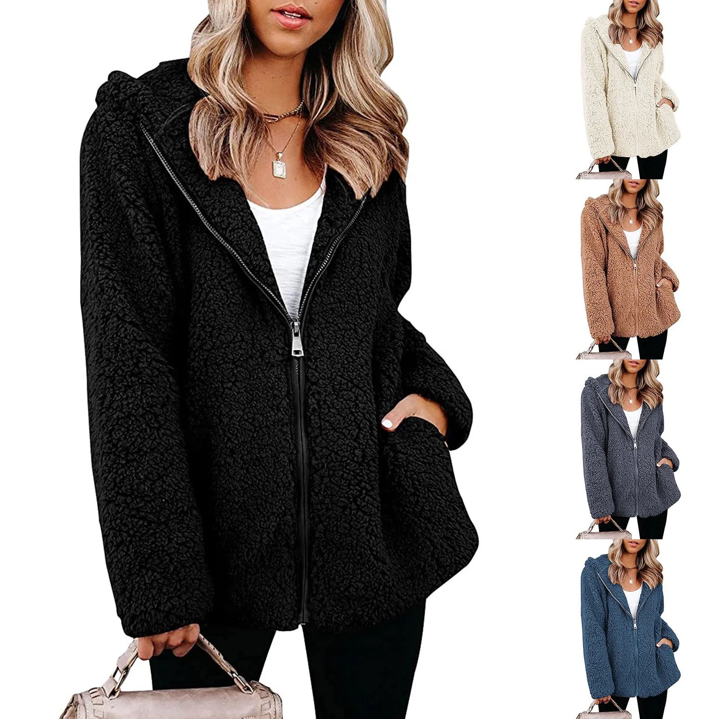 2021 Lamb Velvet Jacket Women Warm Winter Fleece Sherpa Jacket Korean Harajuku Thicken Hooded Coat Tops Zip Up Overcoat куртка