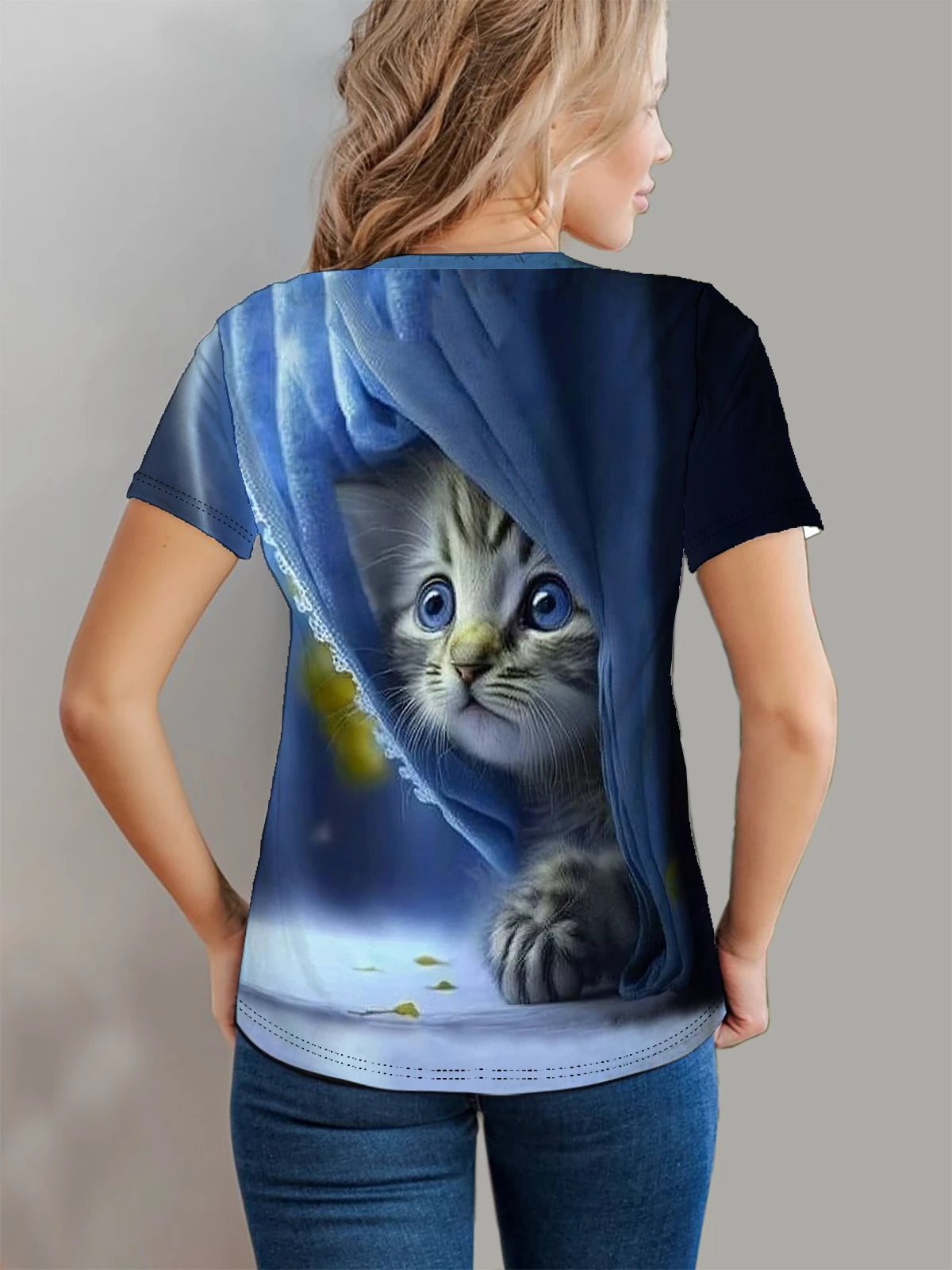 Cat Print T-shirt, Casual Short Sleeve Crew Neck Top For Spring & Summer, Women's Clothing