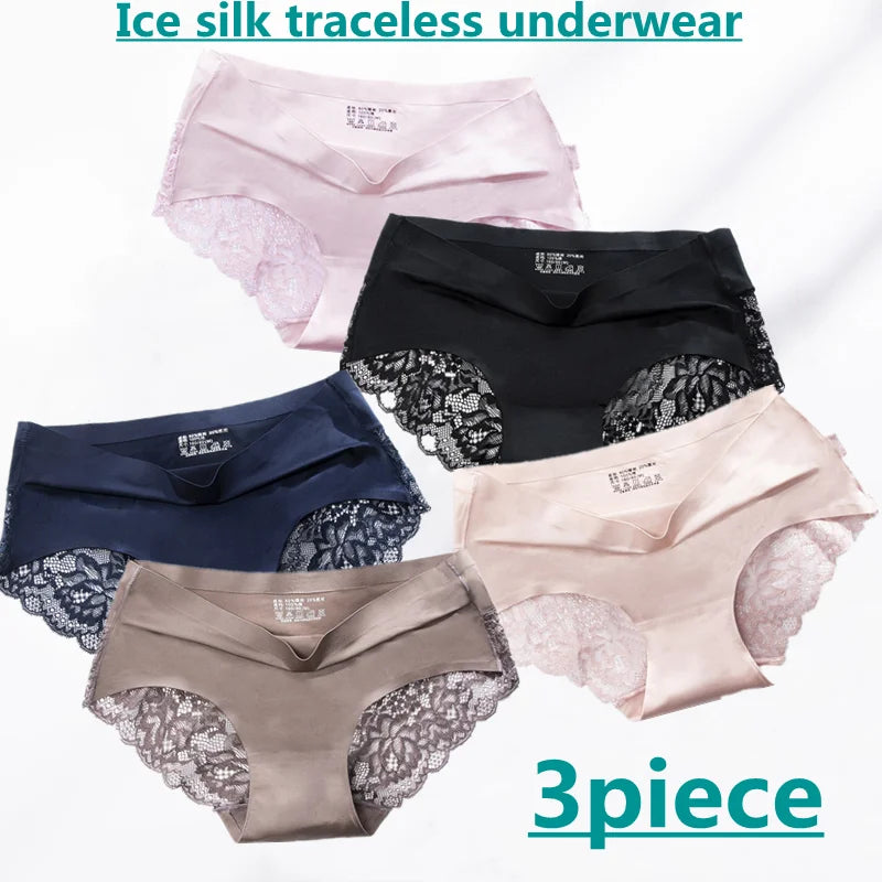3pcs/set Women's Panties Lace Sexy Underwear Traceless Seamless Ice Briefs Soft Elastic Hollow Out Sport Comfort Panty Shorts