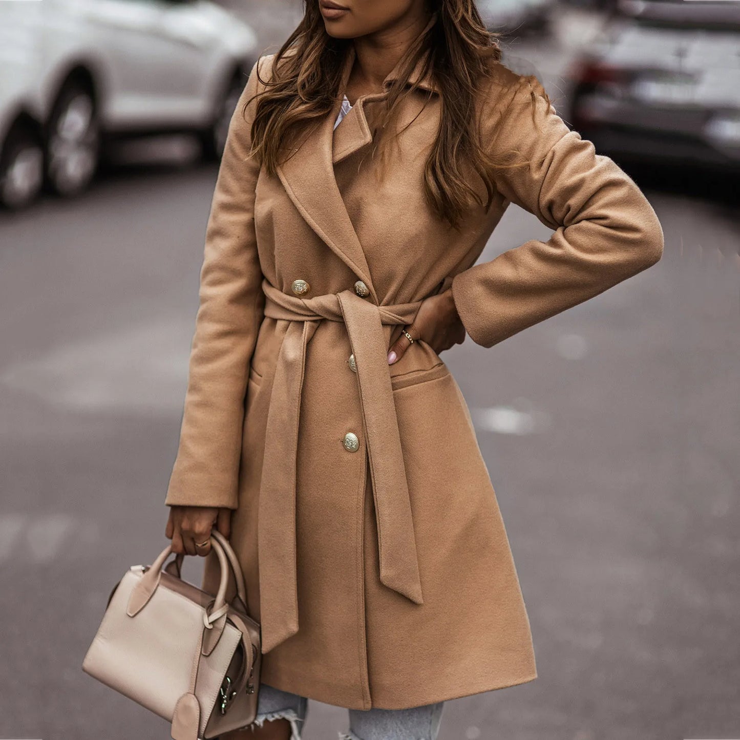 2024 Early Fall New Double Breasted Long Thin Coat Trench Jacket Suit Double Breasted Long Sleeve Belt Button Woollen Coat Ropa