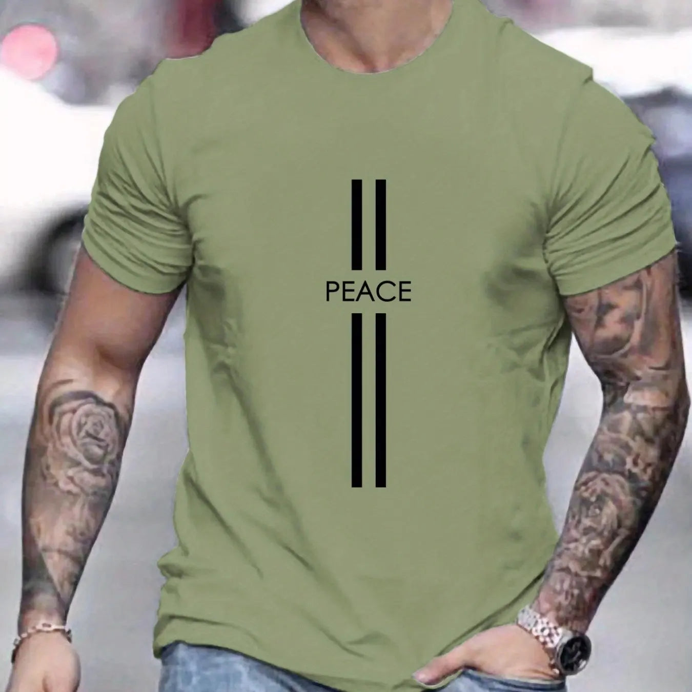 Men's Summer Loose Size 100% Cotton Peace Print Casual Slim Fit Round Neck Short Sleeve T-shirt Top