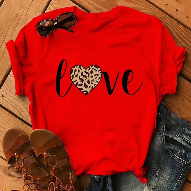 Leopard Love Print Women T Shirt Short Sleeve O Neck Loose Women Tshirt Ladies Fashion Tee Shirt Tops Clothes Camisetas Mujer