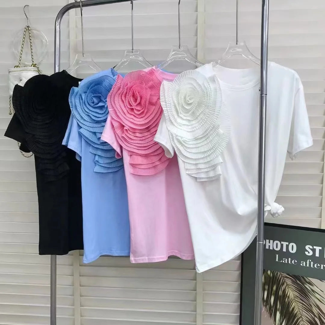 Flower Stitch Short Sleeve Cotton Tshirt For Women Summer 2024 Loose Casual T-shirt High Street Black White Pink Blue Tops Tees