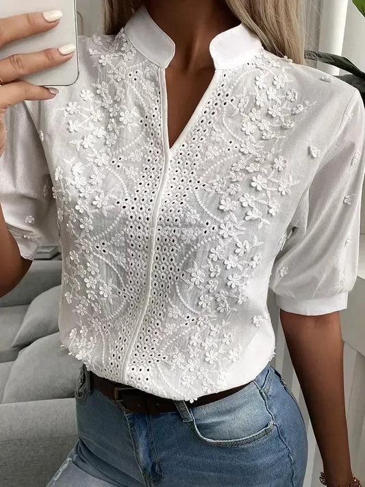 Summer Women Casual Chic White Blouses V Neck Hollow Out Floral Pattern Eyelet Embroidery Half Sleeve Daily Wear Top