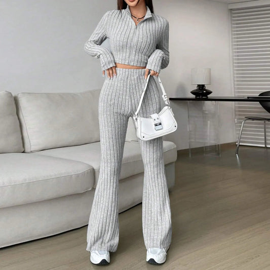 2024 Spring Knitted 2 Piece Sets Women Tracksuit Long Sleeve Vintage Sweater Crop Top Flare Pants Stretch Matching Suit Outfit