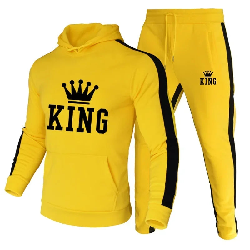 King Printed Men Tracksuit Hooded 2 Piece Set Sweatshirt and Sweatpants Autumn Winter Streetwear Fashion Sport Male Jogger Suit