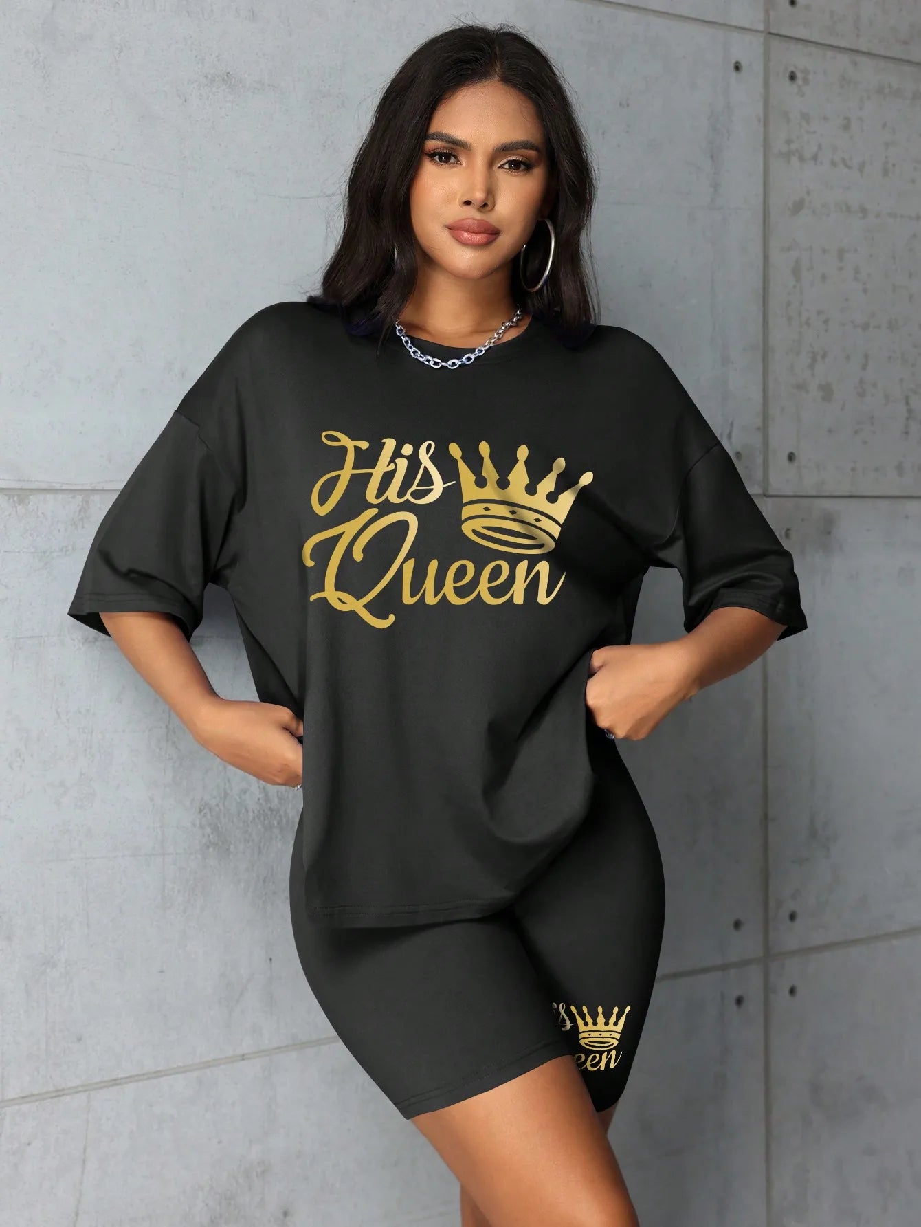 Plus size Women summer clothing Queen printed loose round neck casual black short sleeved T-shirt shorts two-piece set