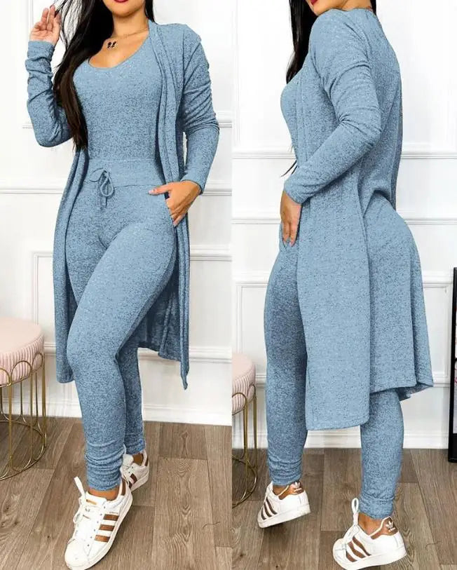 Autumn Women's New Drawstring Pocket Design Jumpsuit & Coat Set Temperament Commuting Women Fashion Suit Sets Two Piece Outfits