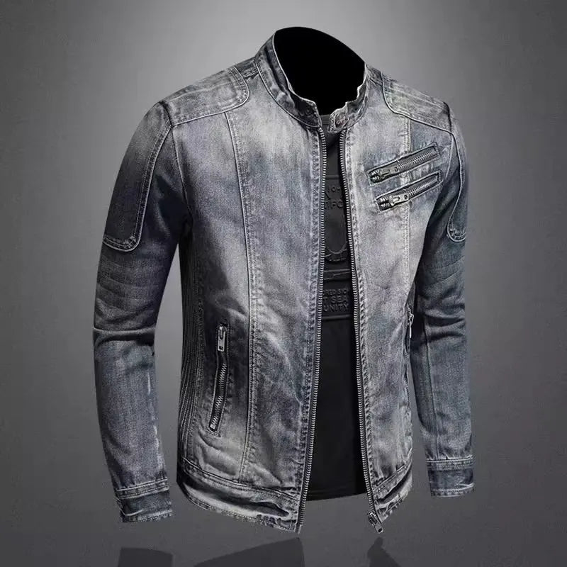 Denim Jackets Men Casual Stand Collar Moto Biker Outerwear Coats Mens Fashion Zippers Motorcycle Streetwear Jacket Male Clothes