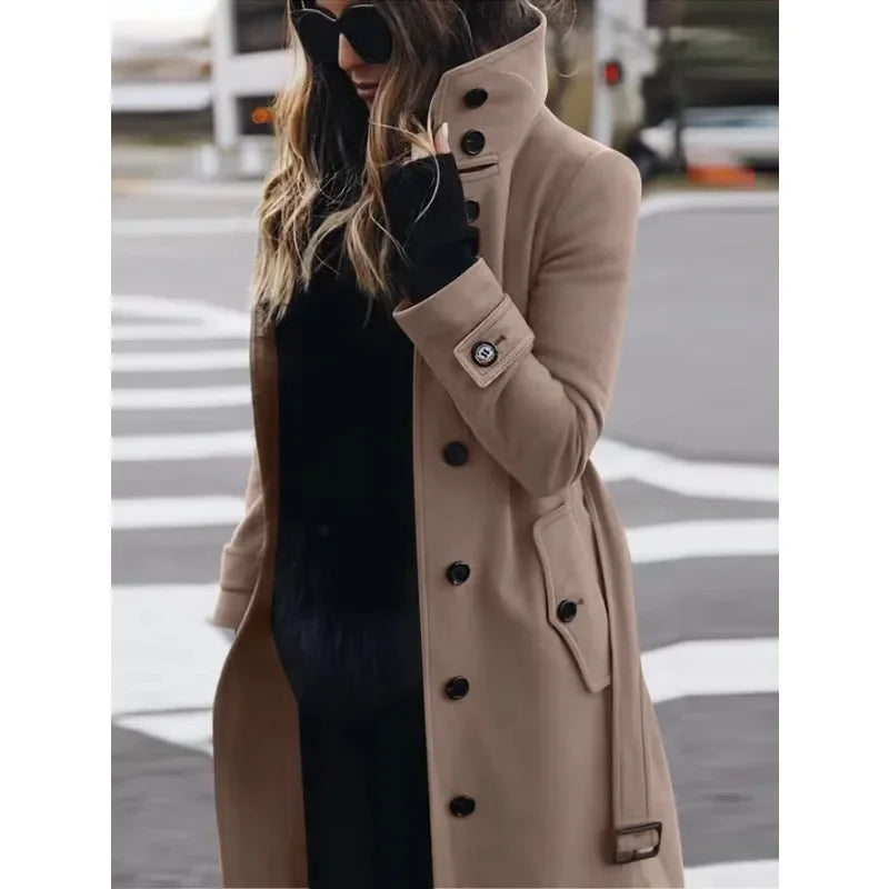 Autumn Winter New Woolen Coat Women's Slim Fit Cardigan Large Coat Women Long Sleeve Single Breasted Stand Collar Woolen Coat