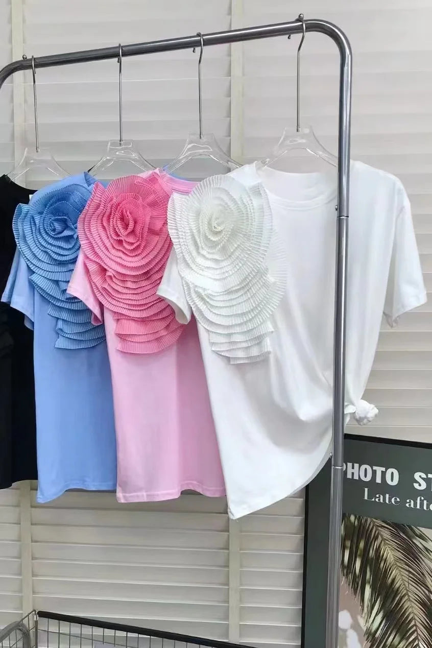 Flower Stitch Short Sleeve Cotton Tshirt For Women Summer 2024 Loose Casual T-shirt High Street Black White Pink Blue Tops Tees