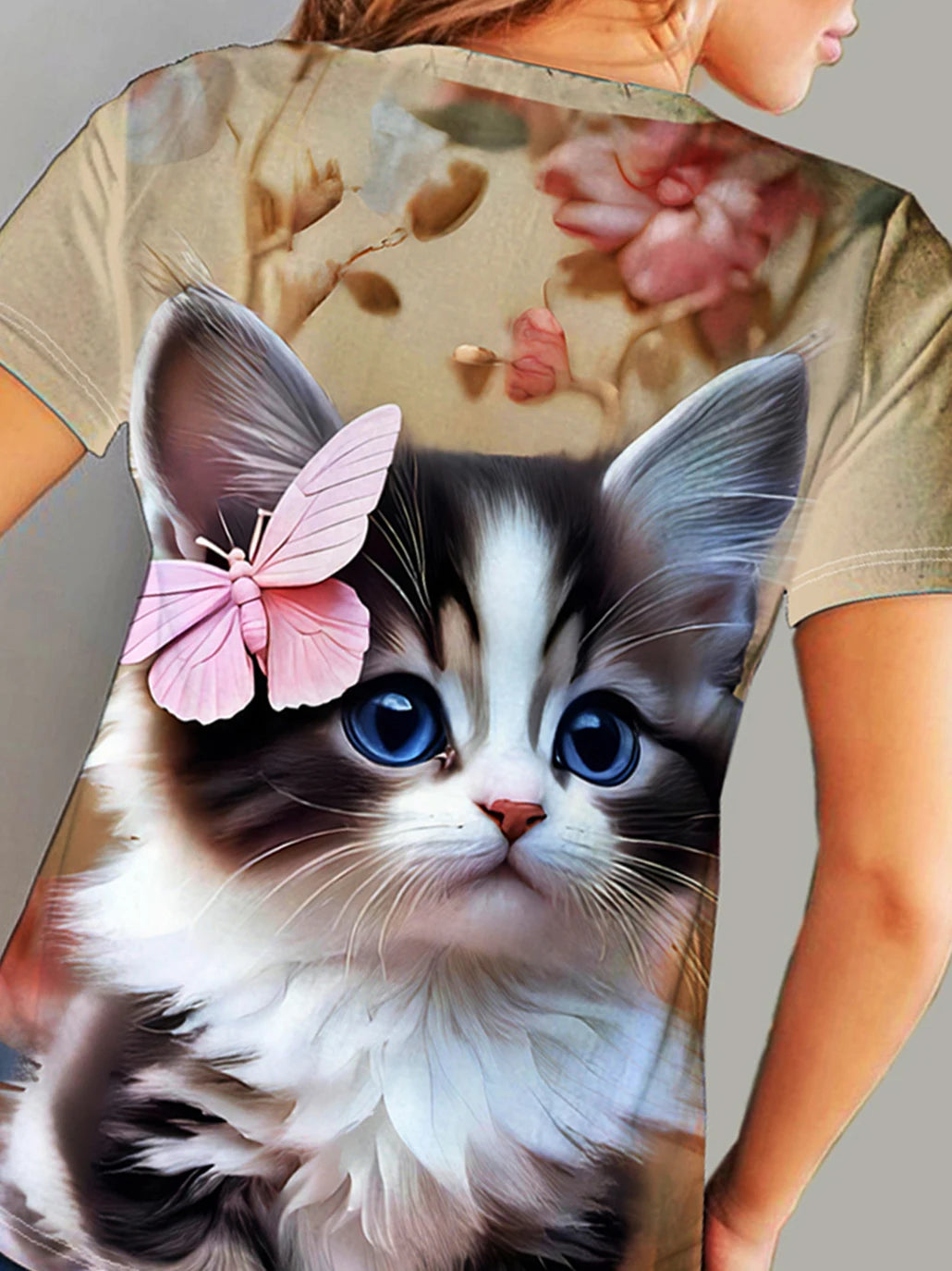 cat Print T-shirt, Casual Crew Neck Short Sleeve Top For Spring & Summer, Women's Clothing