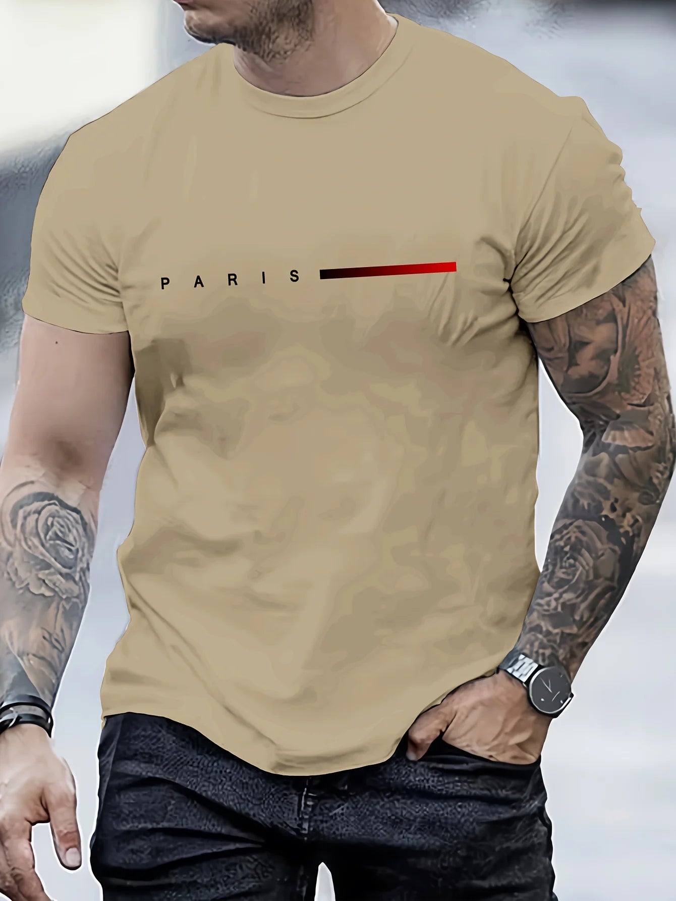 Men's 100% cotton summer loose PARIS Creative Letter print casual slim fit round neck short sleeved T-shirt top