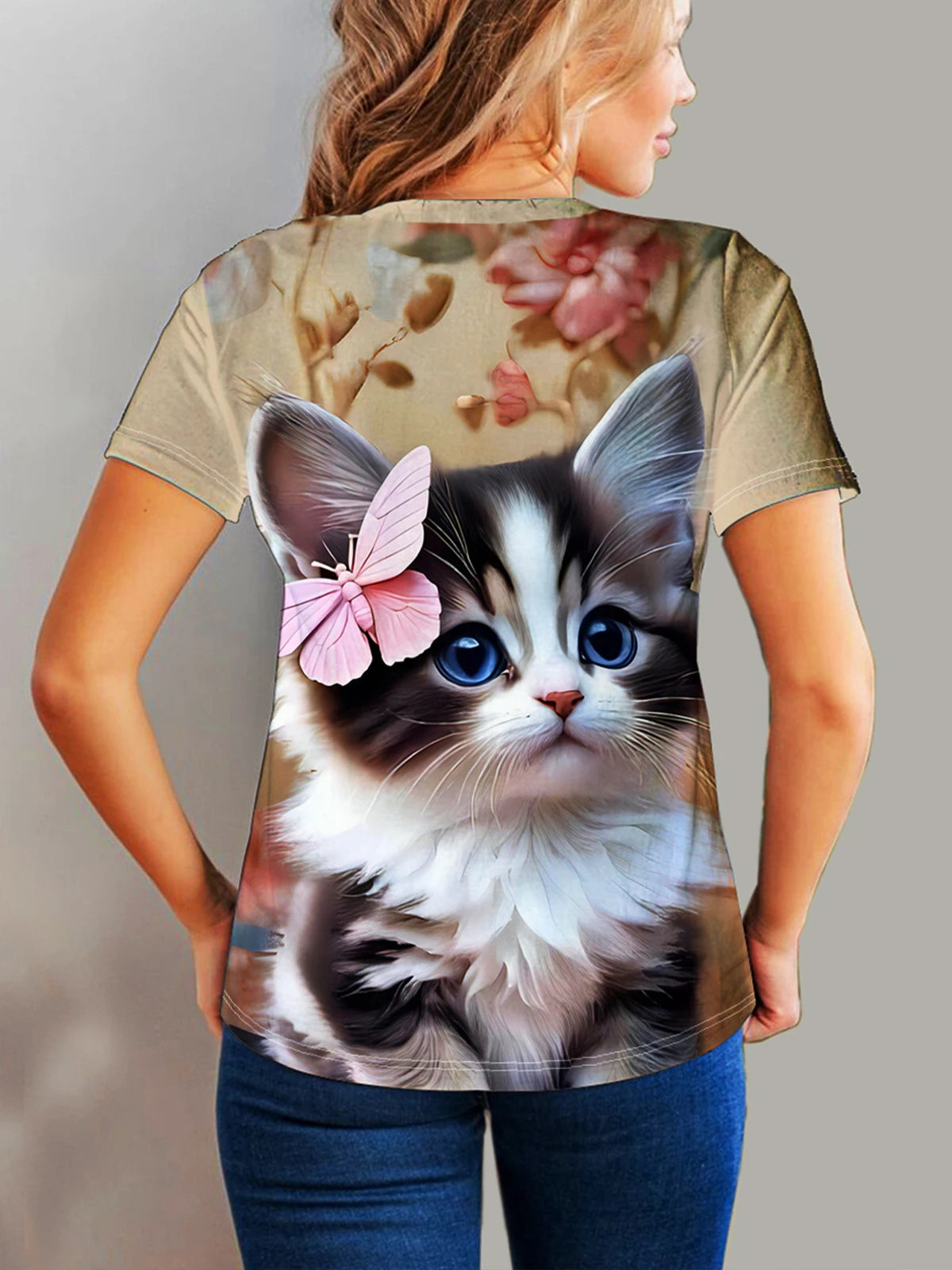 cat Print T-shirt, Casual Crew Neck Short Sleeve Top For Spring & Summer, Women's Clothing