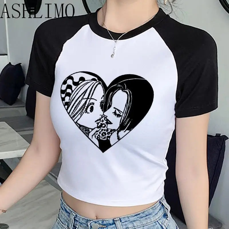 Nana Japanese Anime Summer Crop Top T Shirt Women Heart Graphic Tees Anime T-shirt Black Short Sleeve Casual Harajuku Tshirt Top