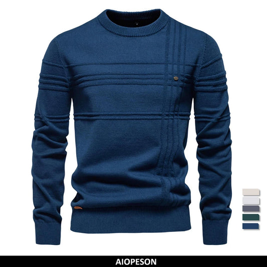 AIOPESON Mens Crewneck Pullover Sweater Knitted Cotton Stripped Quality Autumn Winter Warm Sweaters for Men