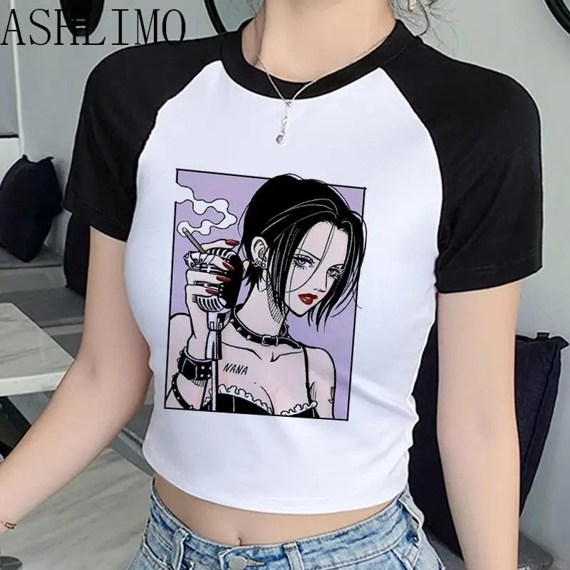 Nana Japanese Anime Summer Crop Top T Shirt Women Heart Graphic Tees Anime T-shirt Black Short Sleeve Casual Harajuku Tshirt Top