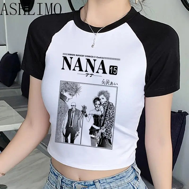 Nana Japanese Anime Summer Crop Top T Shirt Women Heart Graphic Tees Anime T-shirt Black Short Sleeve Casual Harajuku Tshirt Top