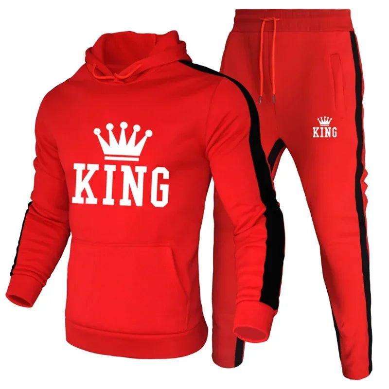 King Printed Men Tracksuit Hooded 2 Piece Set Sweatshirt and Sweatpants Autumn Winter Streetwear Fashion Sport Male Jogger Suit