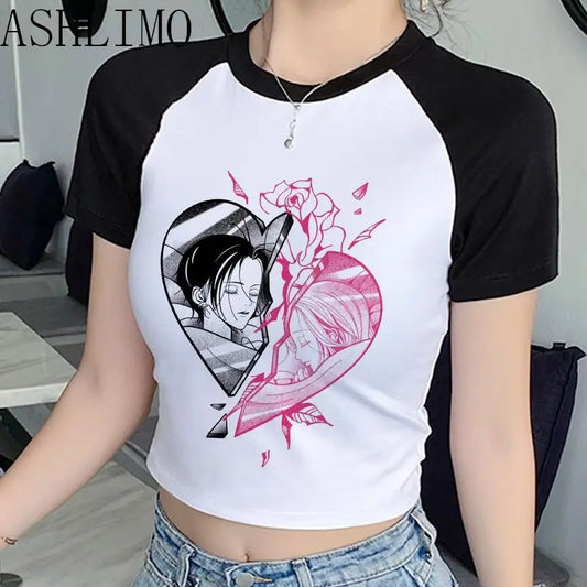 Nana Japanese Anime Summer Crop Top T Shirt Women Heart Graphic Tees Anime T-shirt Black Short Sleeve Casual Harajuku Tshirt Top