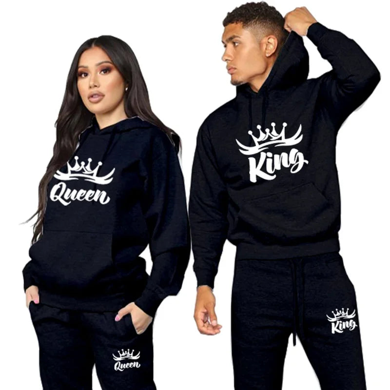 Lover Sportwear King Queen Print Tracksuit Fashion Couples Hoodies Suit Solid Color Hoodie Pant Set Couple Matching Clothes