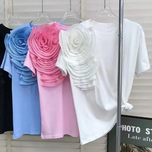 Flower Stitch Short Sleeve Cotton Tshirt For Women Summer 2024 Loose Casual T-shirt High Street Black White Pink Blue Tops Tees