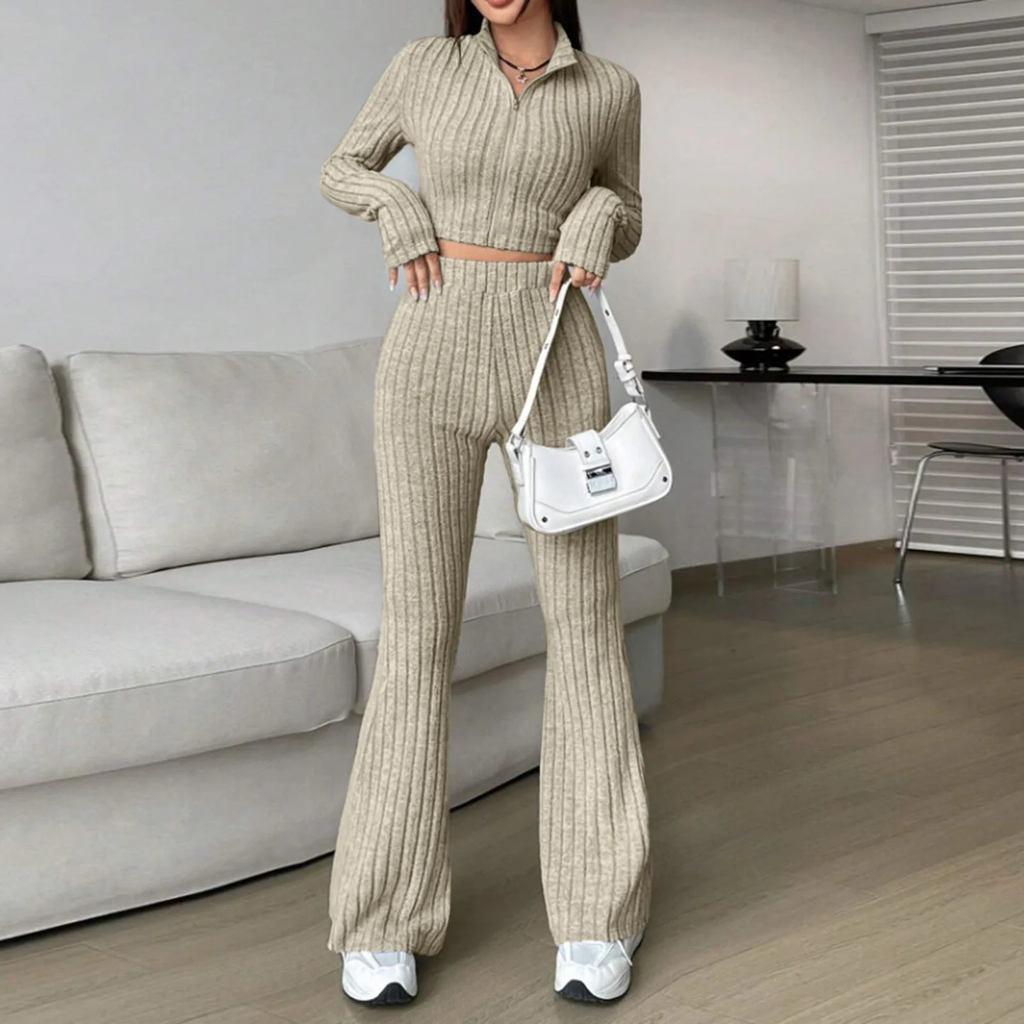 2024 Spring Knitted 2 Piece Sets Women Tracksuit Long Sleeve Vintage Sweater Crop Top Flare Pants Stretch Matching Suit Outfit