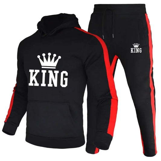 King Printed Men Tracksuit Hooded 2 Piece Set Sweatshirt and Sweatpants Autumn Winter Streetwear Fashion Sport Male Jogger Suit