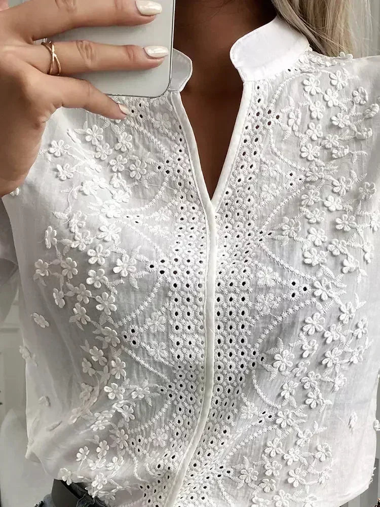 Summer Women Casual Chic White Blouses V Neck Hollow Out Floral Pattern Eyelet Embroidery Half Sleeve Daily Wear Top