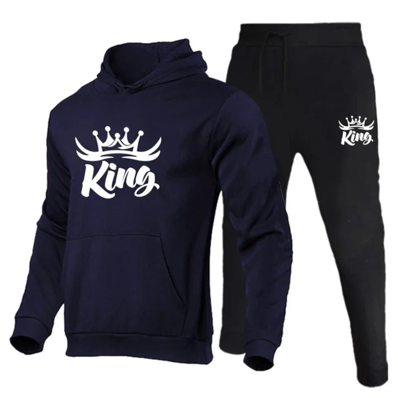 Lover Sportwear King Queen Print Tracksuit Fashion Couples Hoodies Suit Solid Color Hoodie Pant Set Couple Matching Clothes