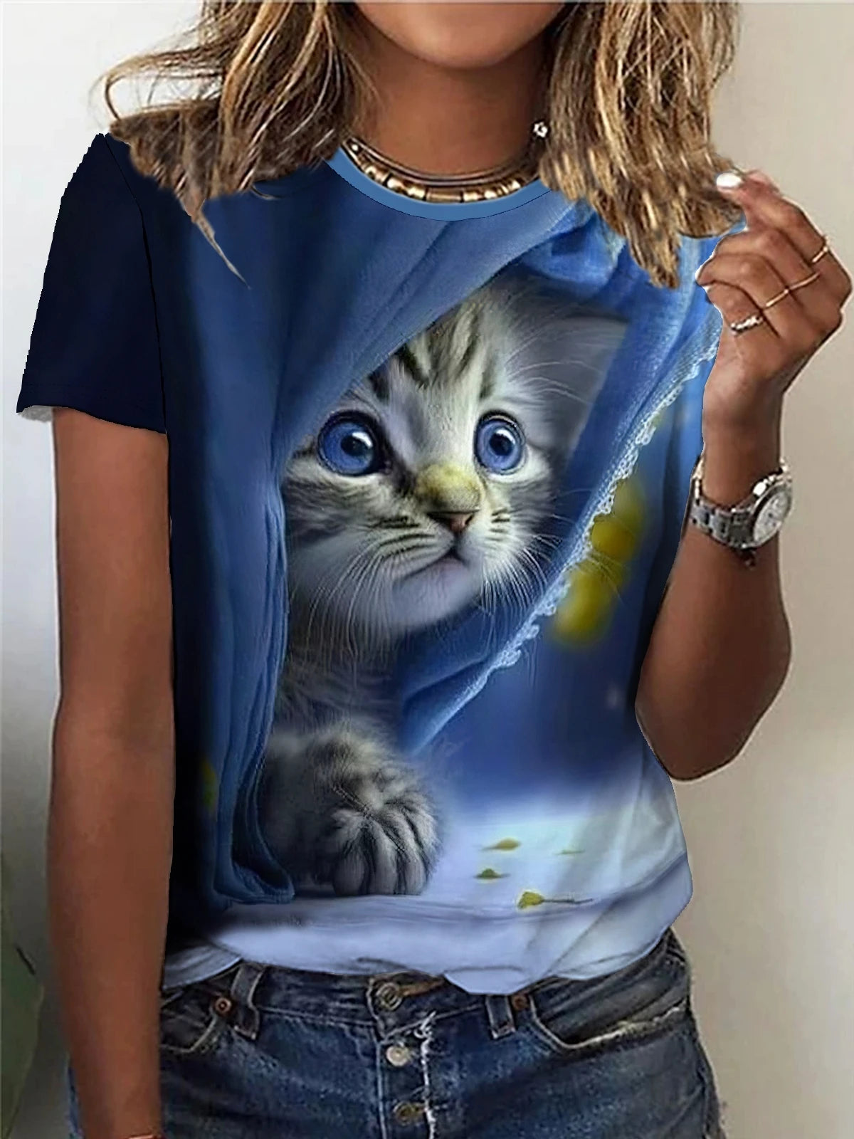 Cat Print T-shirt, Casual Short Sleeve Crew Neck Top For Spring & Summer, Women's Clothing