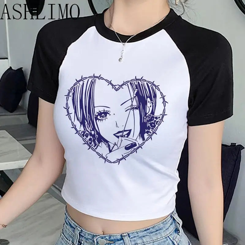 Nana Japanese Anime Summer Crop Top T Shirt Women Heart Graphic Tees Anime T-shirt Black Short Sleeve Casual Harajuku Tshirt Top